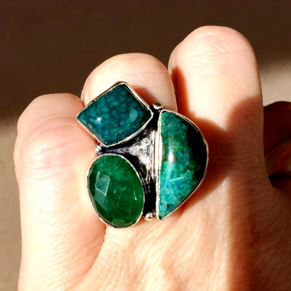 New Chrysocolla, Dragon Veins Agate, Emerald 925 Silver Ring. - Picture 8 of 16